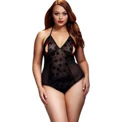 Baci - Black Lace Bodysuit & Bra Slits Red Bow