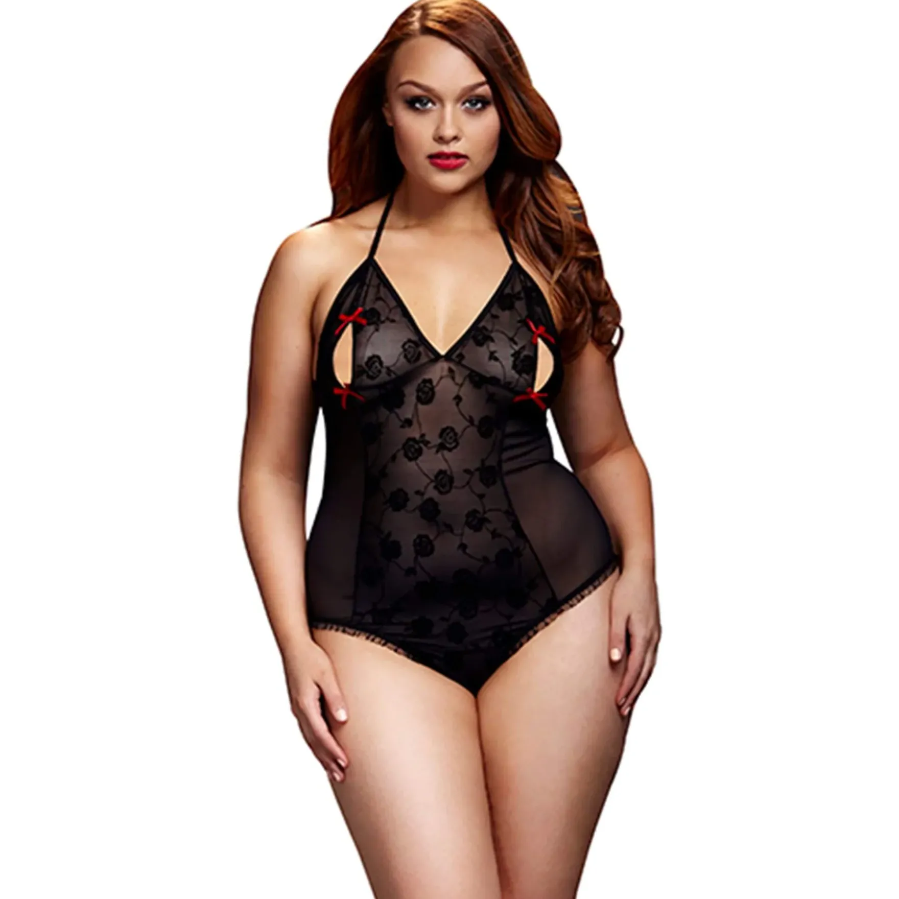 Baci - Black Lace Bodysuit & Bra Slits Red Bow