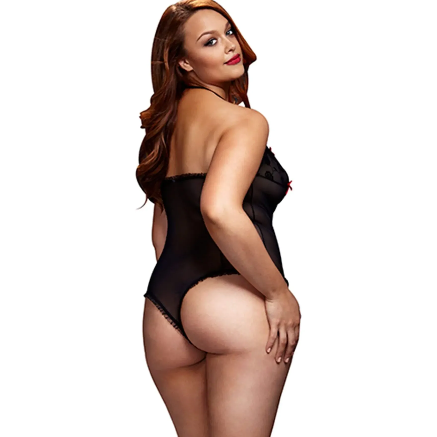 Baci - Black Lace Bodysuit & Bra Slits Red Bow
